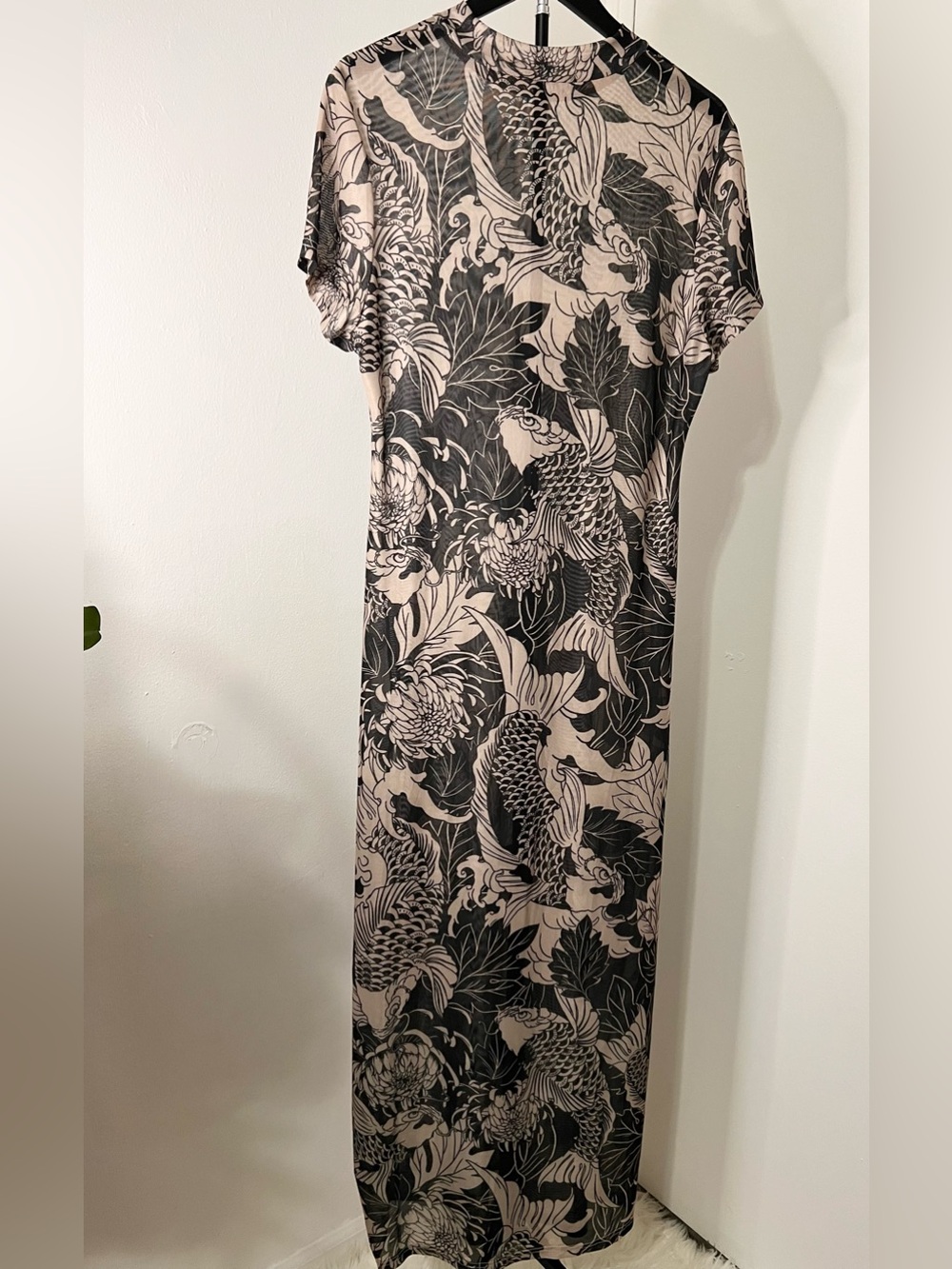 Elegant Koi Fish Print Maxi Dress | Neutral Beige & Black Statement Dress - Picture 3 of 4